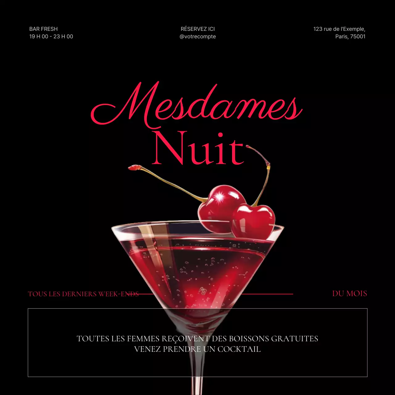 Promouvoir une réduction sur les luxueux cocktails de la journée de la femme en noir et rouge