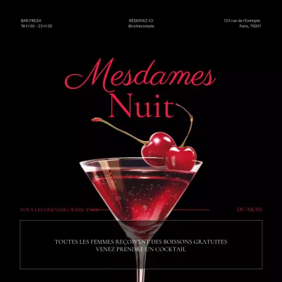 Promouvoir une réduction sur les luxueux cocktails de la journée de la femme en noir et rouge