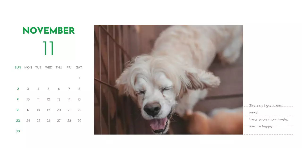 A calendar with a puppy photo and cute message in a green accent color