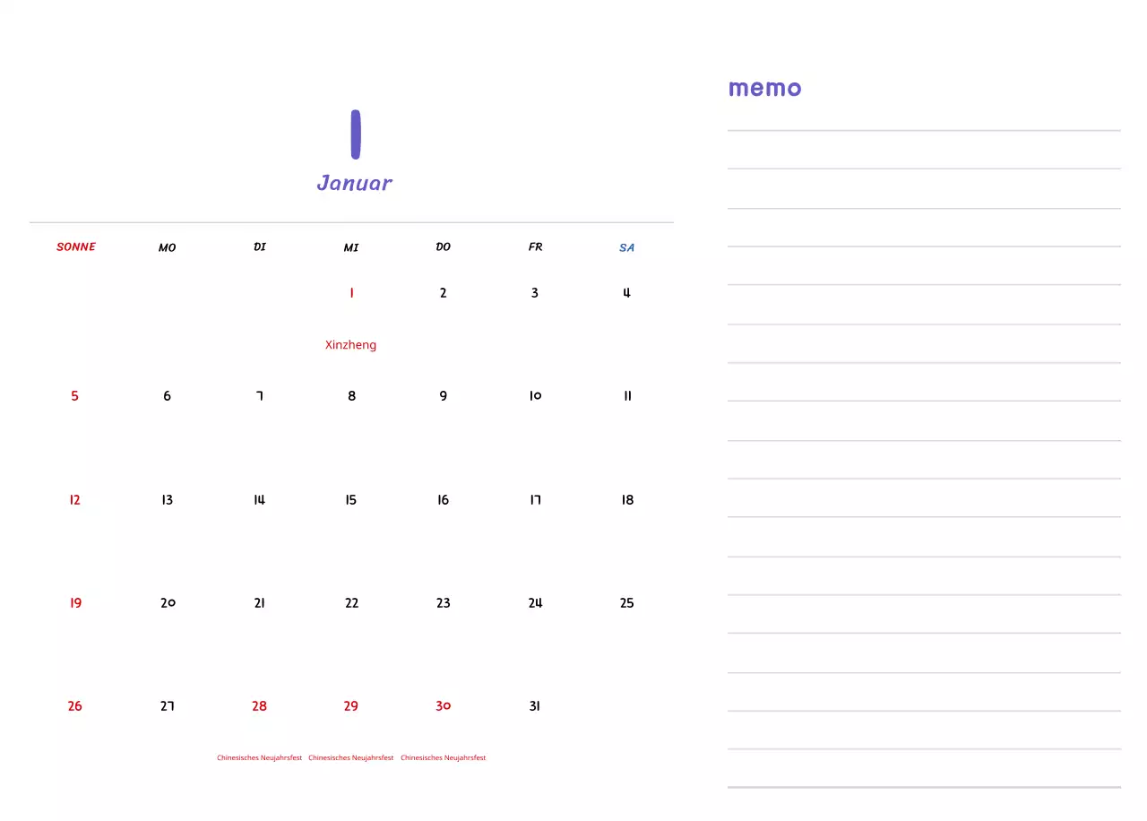 Neujahrskalender mit niedlichen Illustrationen