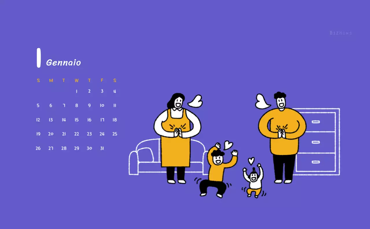 Calendario di Capodanno con simpatiche illustrazioni