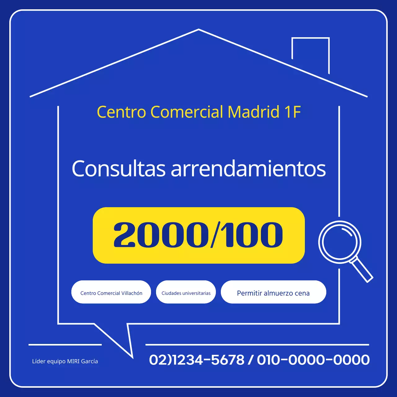 Anuncio sencillo de alquiler de vivienda en azul y amarillo