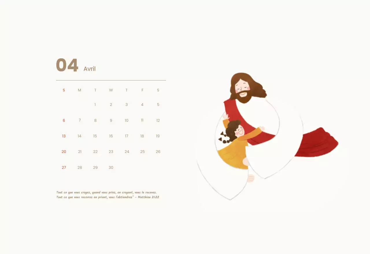 Un calendrier dévotionnel avec des illustrations douces et des versets bibliques sur un fond bleu clair.