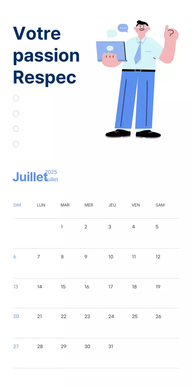 Calendrier de motivation avec des illustrations énergiques et des citations positives sur un fond bleu clair