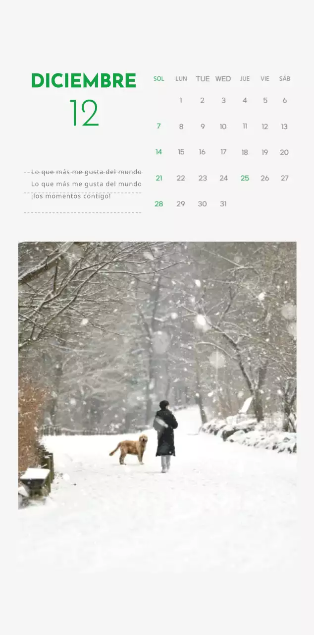 Un calendario con una foto de un cachorro y un bonito mensaje en color verde
