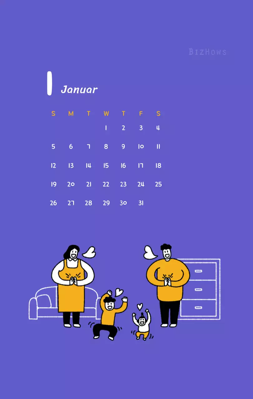 Neujahrskalender mit niedlichen Illustrationen