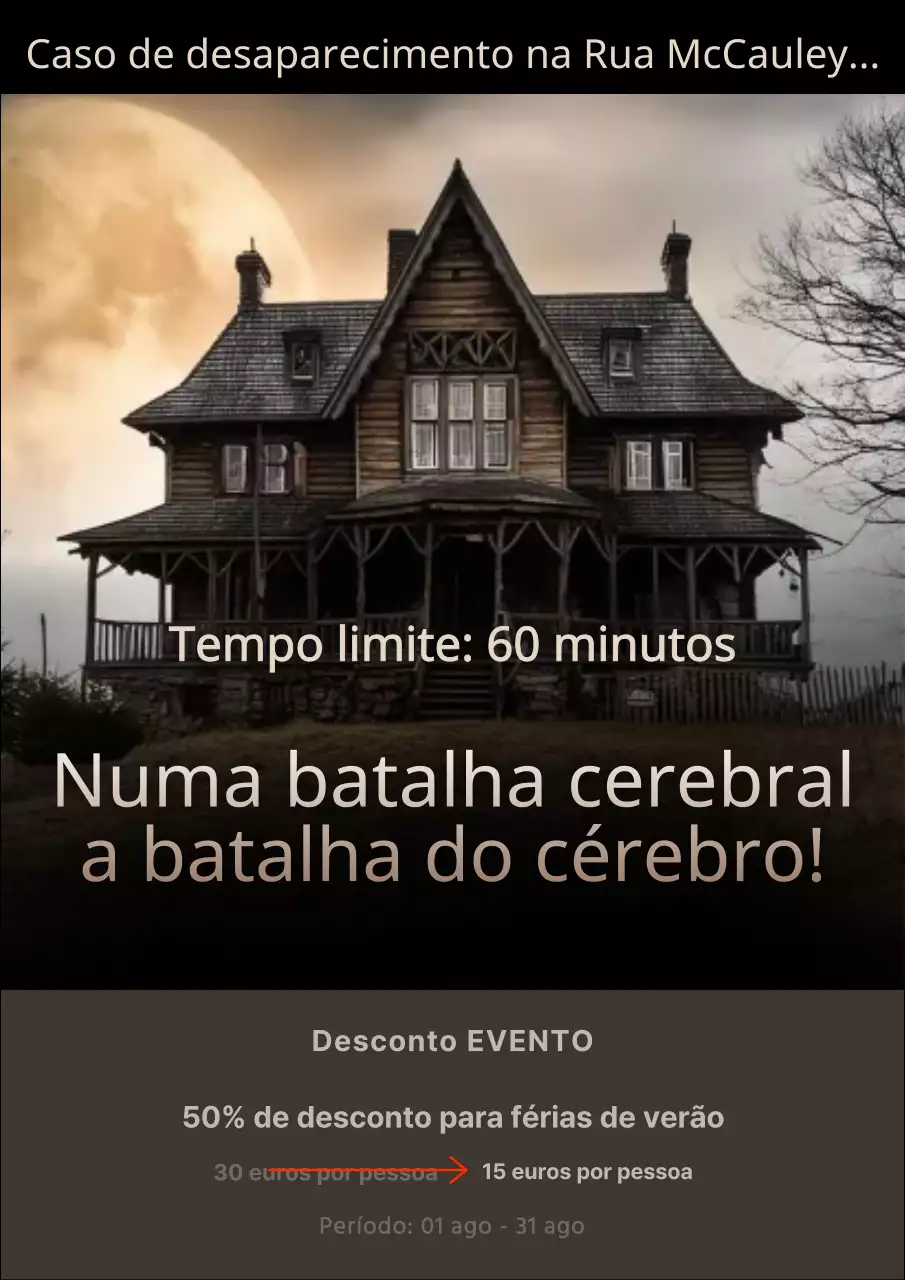 Um anúncio simples de escape room a preto e castanho