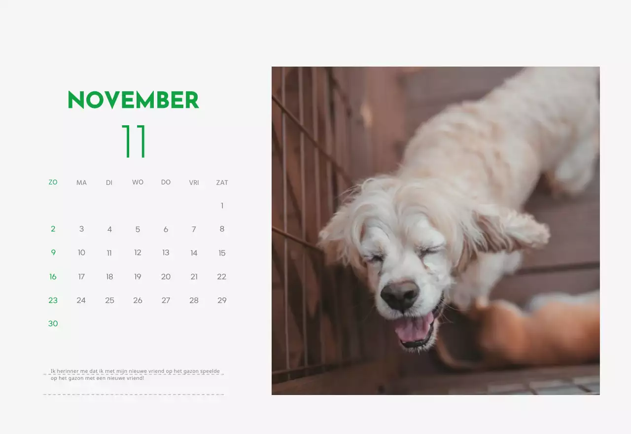 Een kalender met een puppyfoto en een schattige boodschap in groene accentkleur