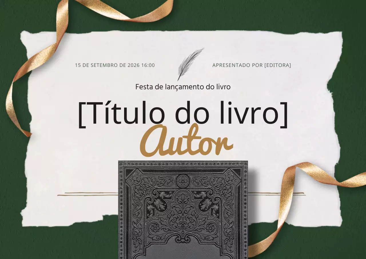 Anúncio luxuoso de festa de lançamento de livro em verde e castanho
