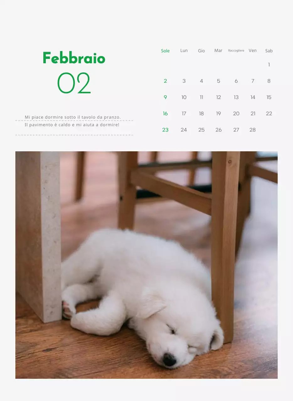 Un calendario con la foto di un cucciolo e un simpatico messaggio in colore verde.
