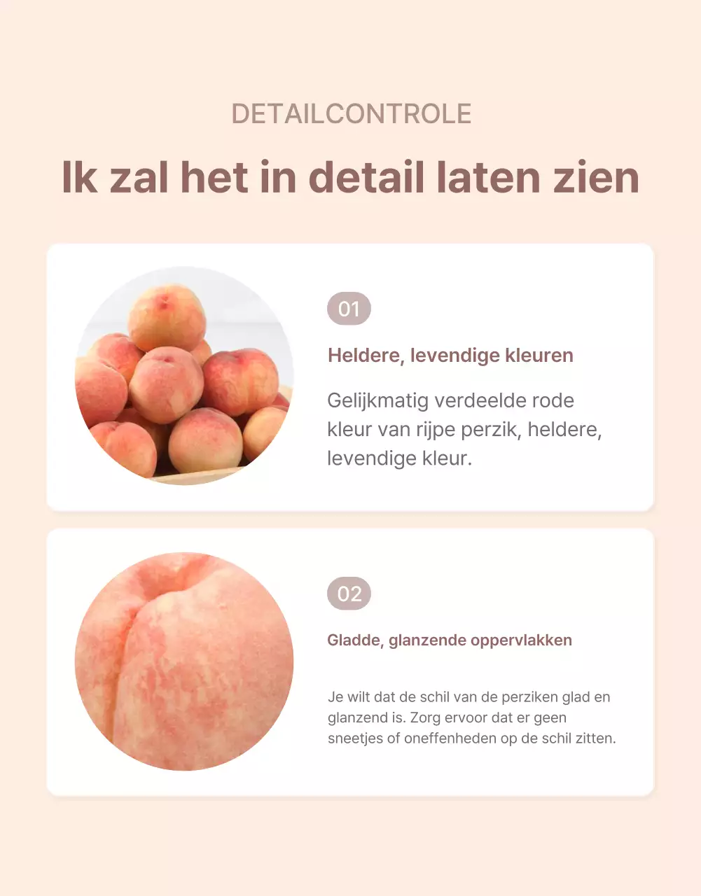 Promoot frisse perzikopties en productdetails in een strak geel en roze kleurenschema