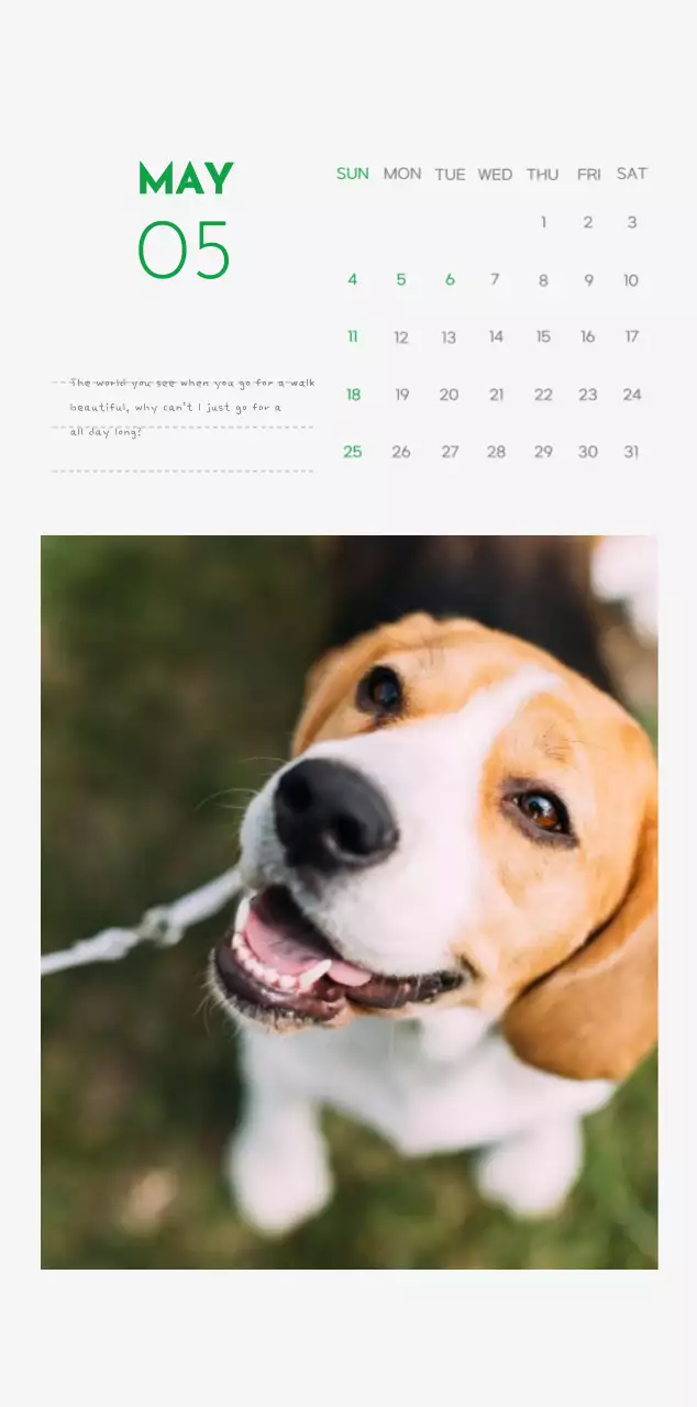 A calendar with a puppy photo and cute message in a green accent color