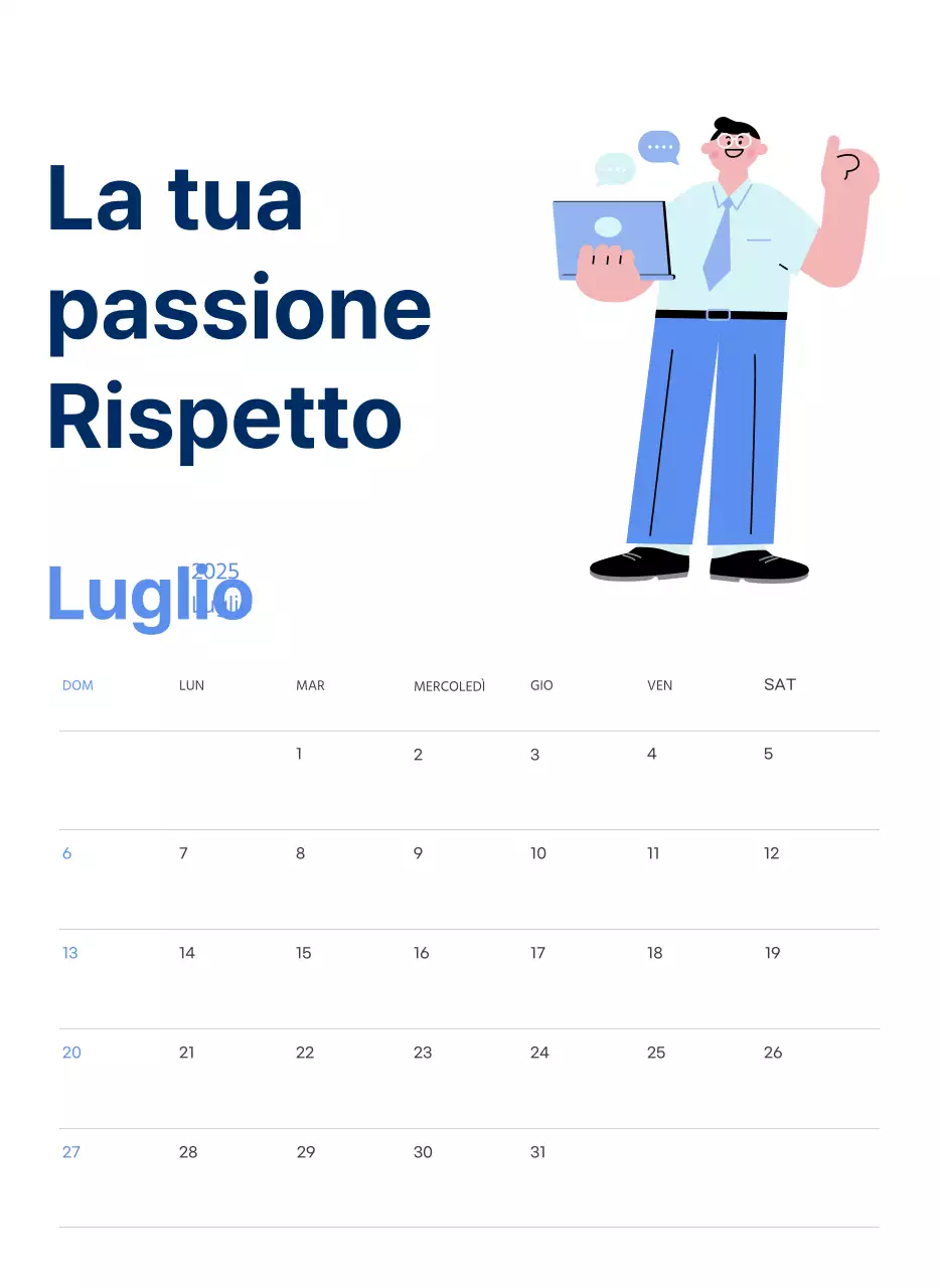 Calendario motivazionale con illustrazioni energetiche e citazioni positive su sfondo azzurro