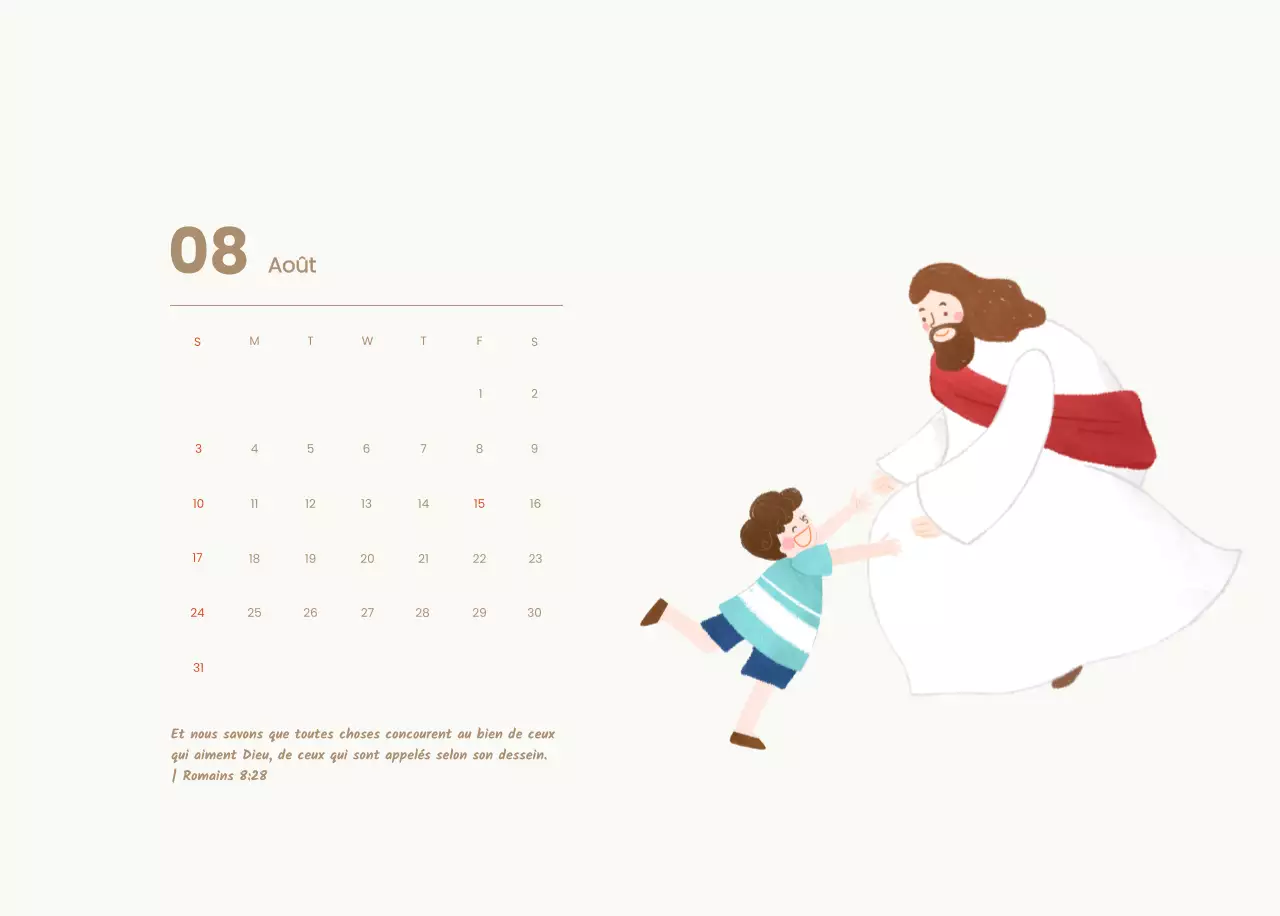 Un calendrier dévotionnel avec des illustrations douces et des versets bibliques sur un fond bleu clair.