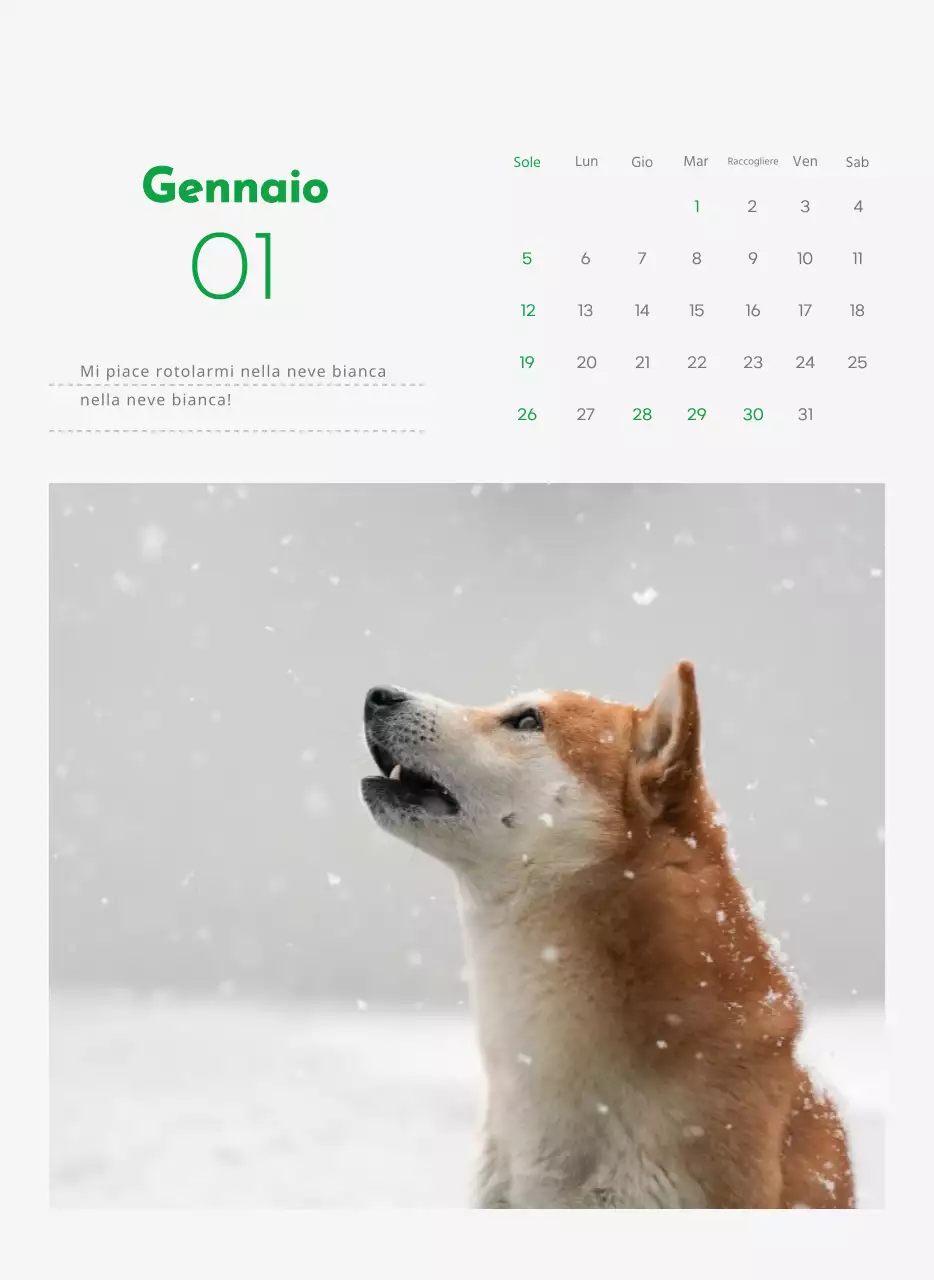 Un calendario con la foto di un cucciolo e un simpatico messaggio in colore verde.