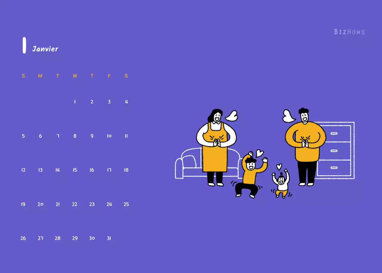 Calendrier du Nouvel An avec de jolies illustrations