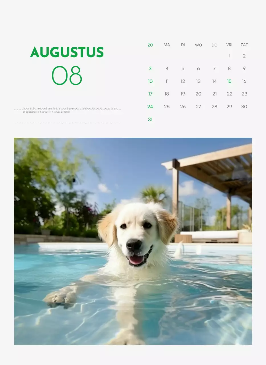 Een kalender met een puppyfoto en een schattige boodschap in groene accentkleur