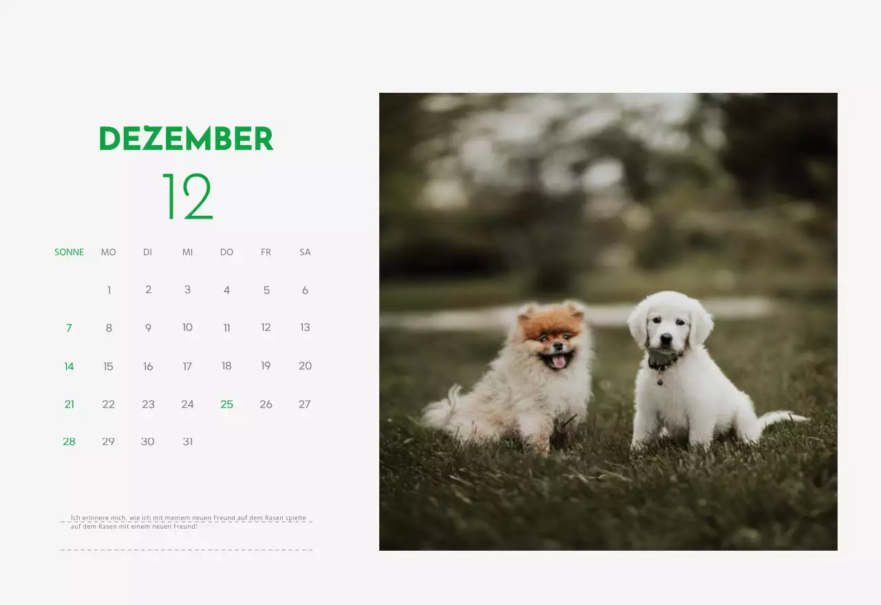 Ein Kalender mit einem Welpenfoto und einer süßen Botschaft in grüner Akzentfarbe