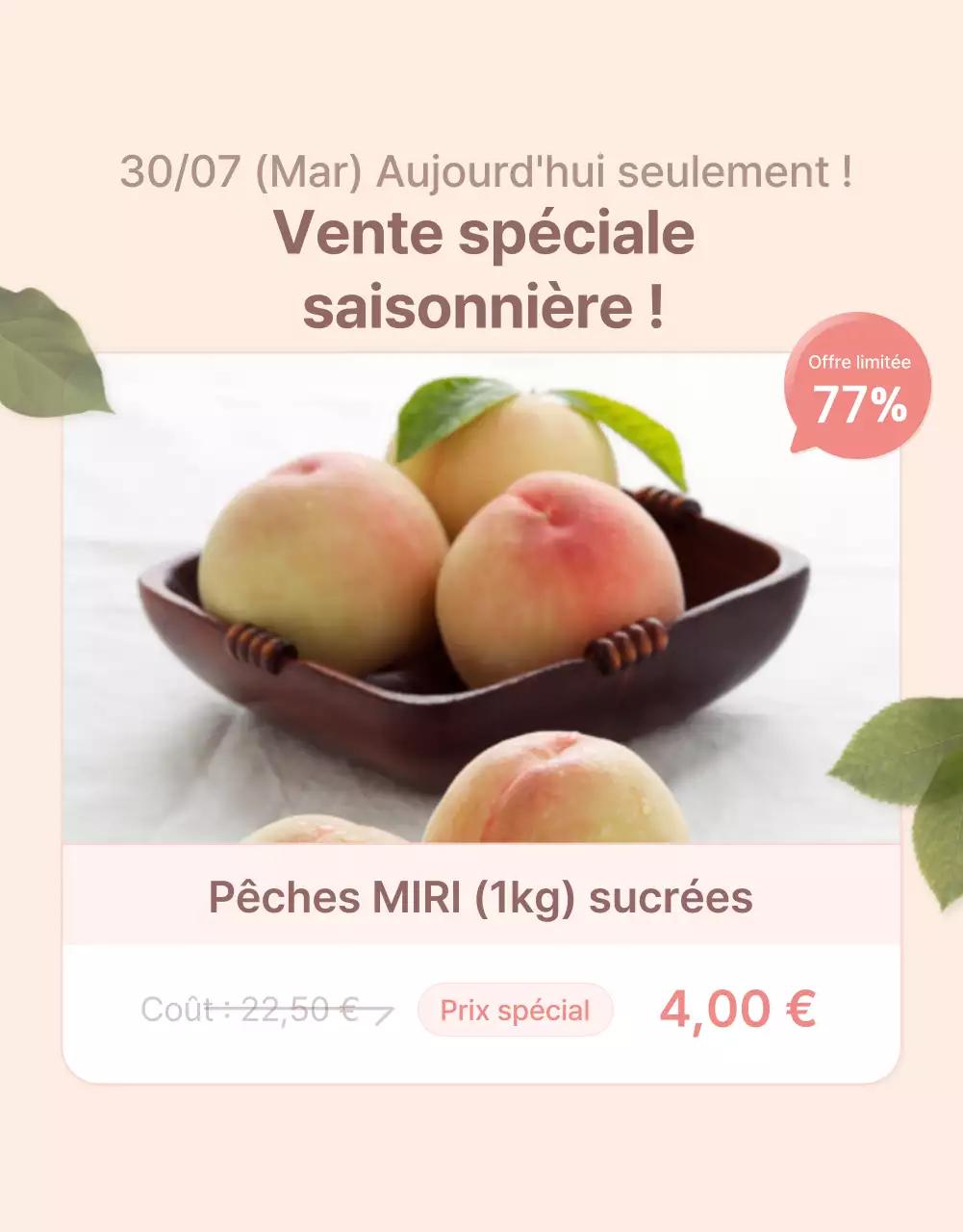 Promouvoir les options de pêche fraîche et les détails des produits dans une palette de couleurs jaune et rose.
