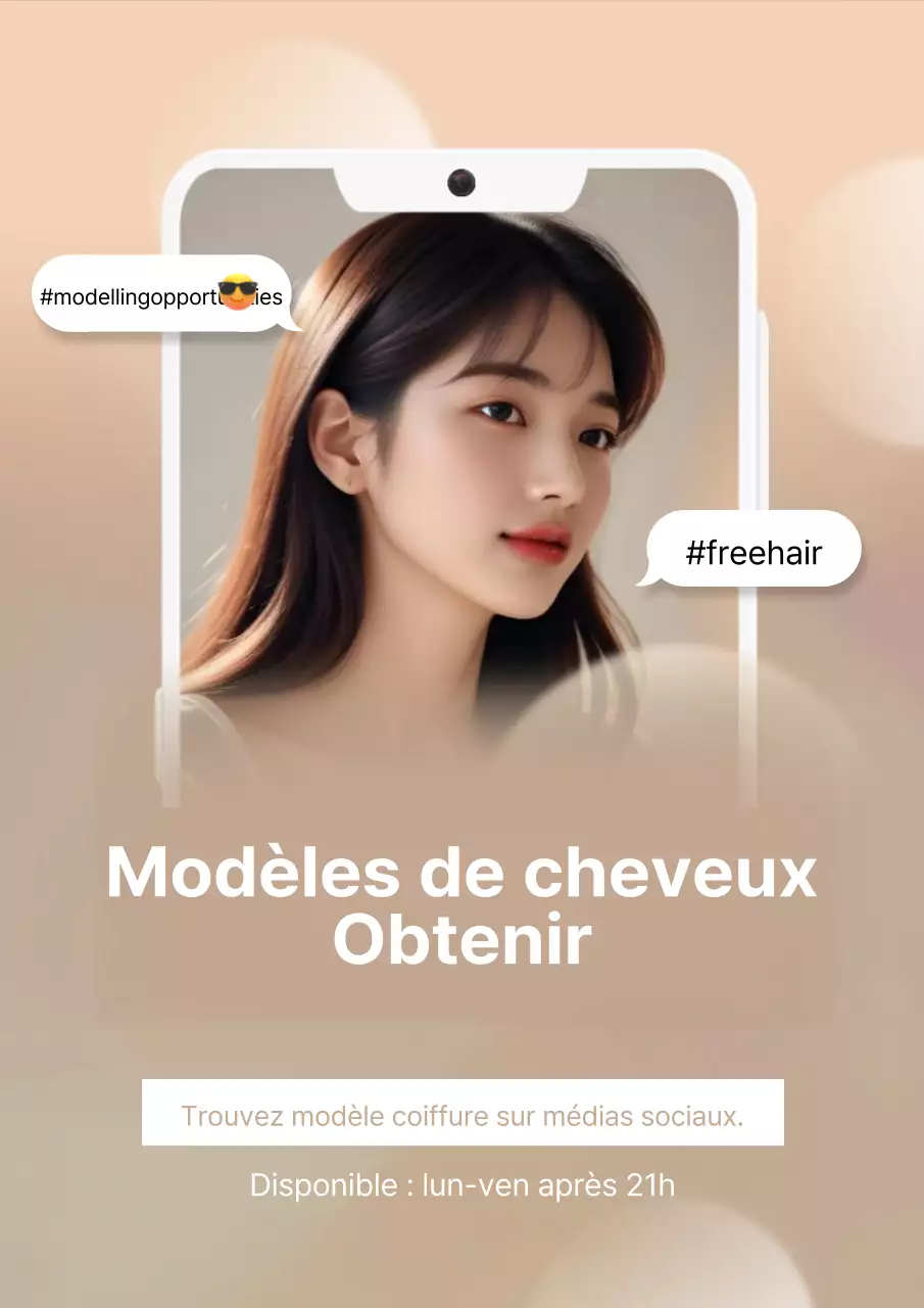 Une publicité pour un mannequin aux cheveux luxuriants dans les tons beige et blanc.