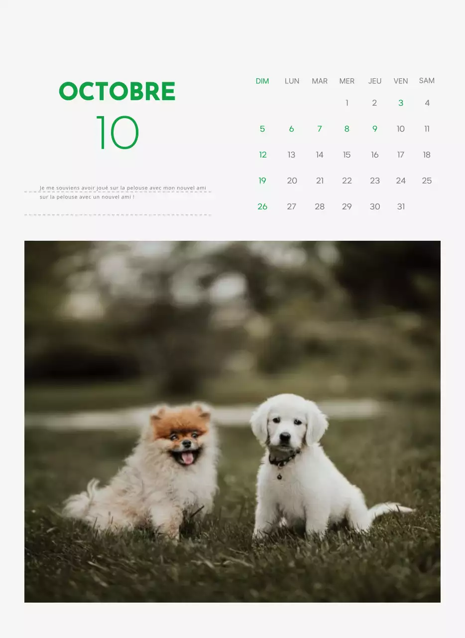 Un calendrier avec une photo de chiot et un message mignon dans une couleur verte.