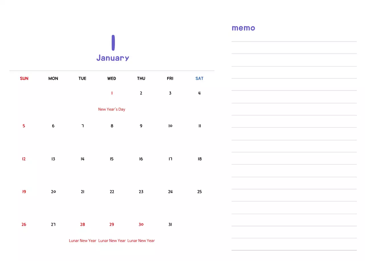 New Year's calendar with cute illustrations