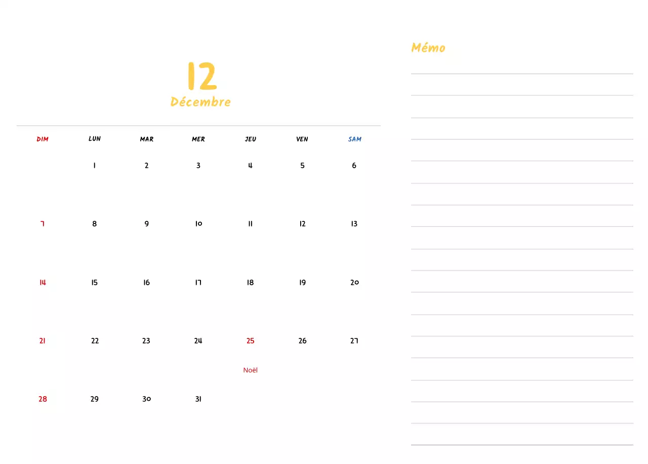 Calendrier du Nouvel An avec de jolies illustrations