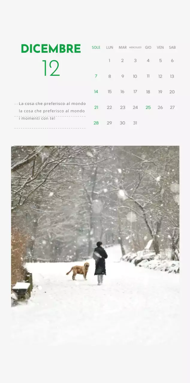 Un calendario con la foto di un cucciolo e un simpatico messaggio in colore verde.