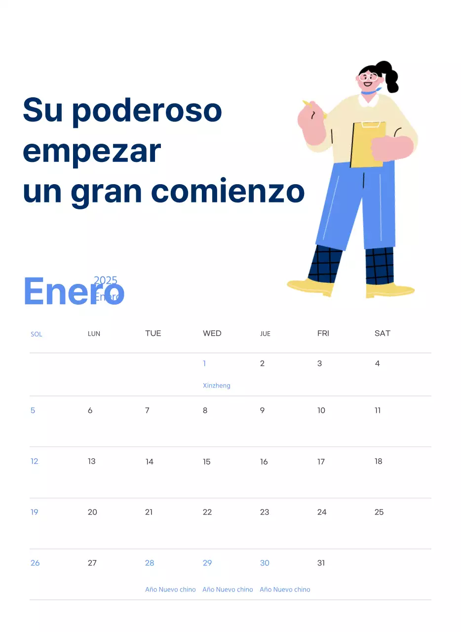 Calendario motivacional con enérgicas ilustraciones y citas positivas sobre fondo azul claro