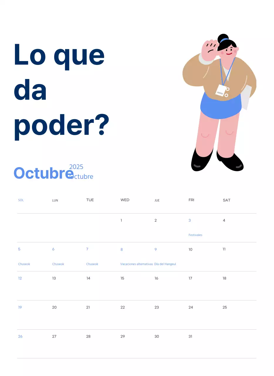 Calendario motivacional con enérgicas ilustraciones y citas positivas sobre fondo azul claro