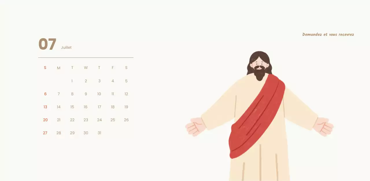 Un calendrier dévotionnel avec des illustrations douces et des versets bibliques sur un fond bleu clair.