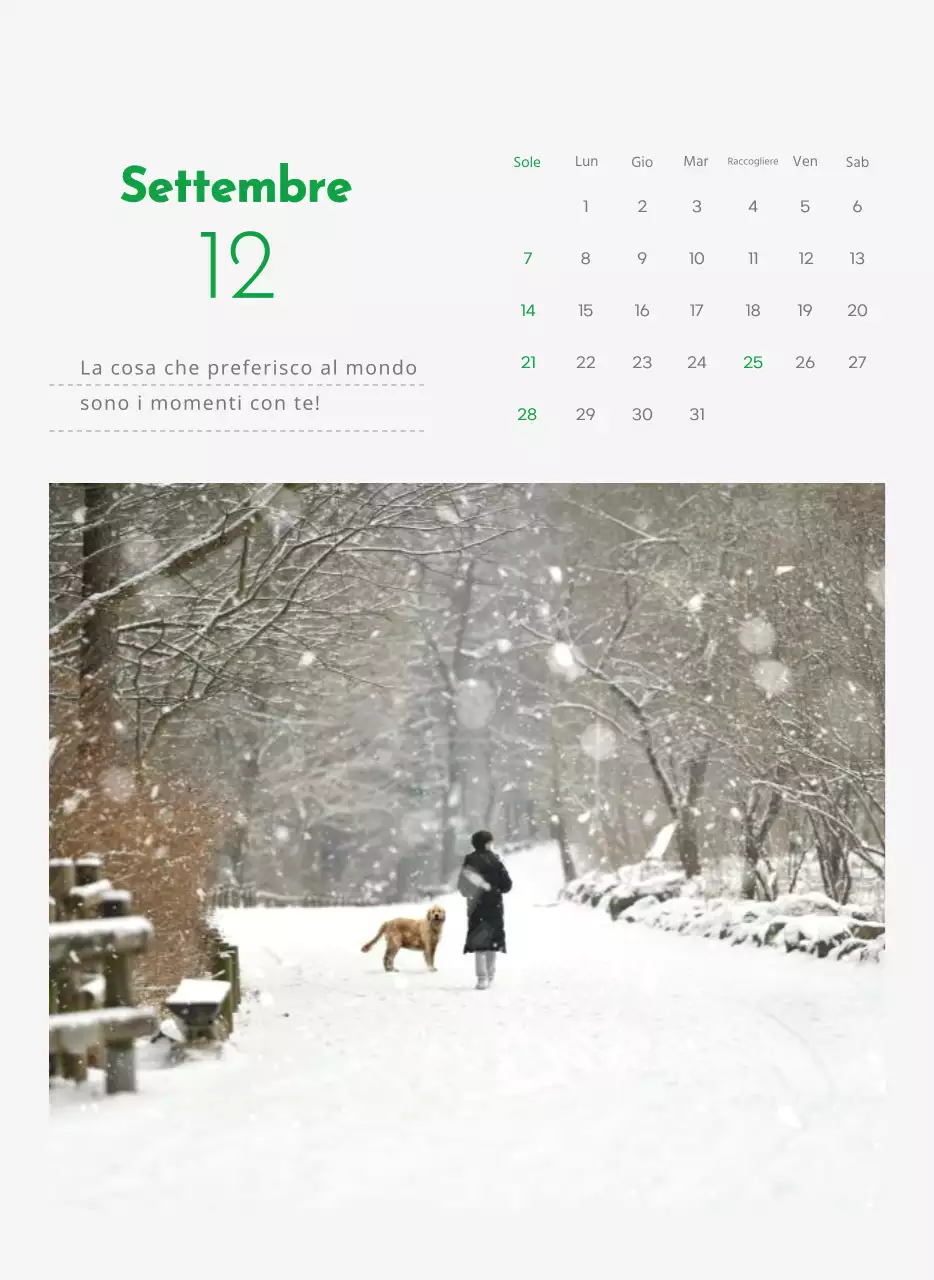 Un calendario con la foto di un cucciolo e un simpatico messaggio in colore verde.