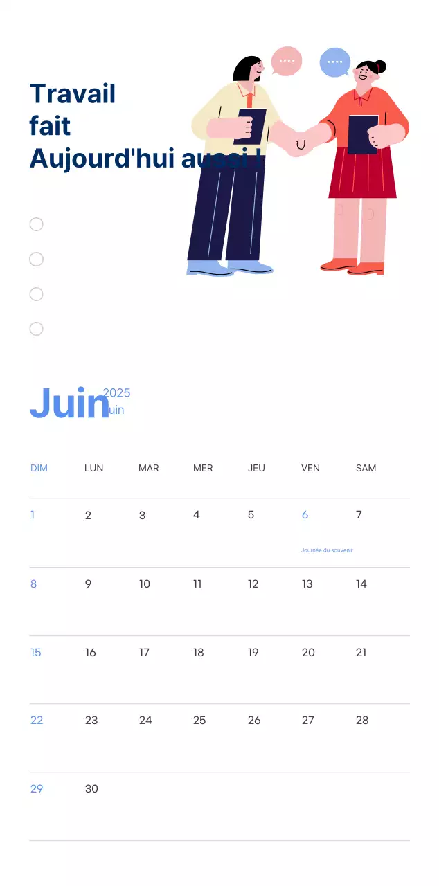 Calendrier de motivation avec des illustrations énergiques et des citations positives sur un fond bleu clair