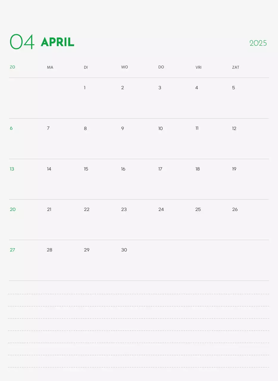 Een kalender met een puppyfoto en een schattige boodschap in groene accentkleur