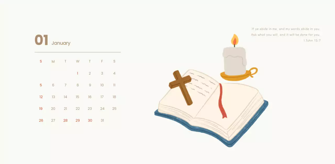 Word calendar with cozy illustrations and Bible verses on a light blue background
