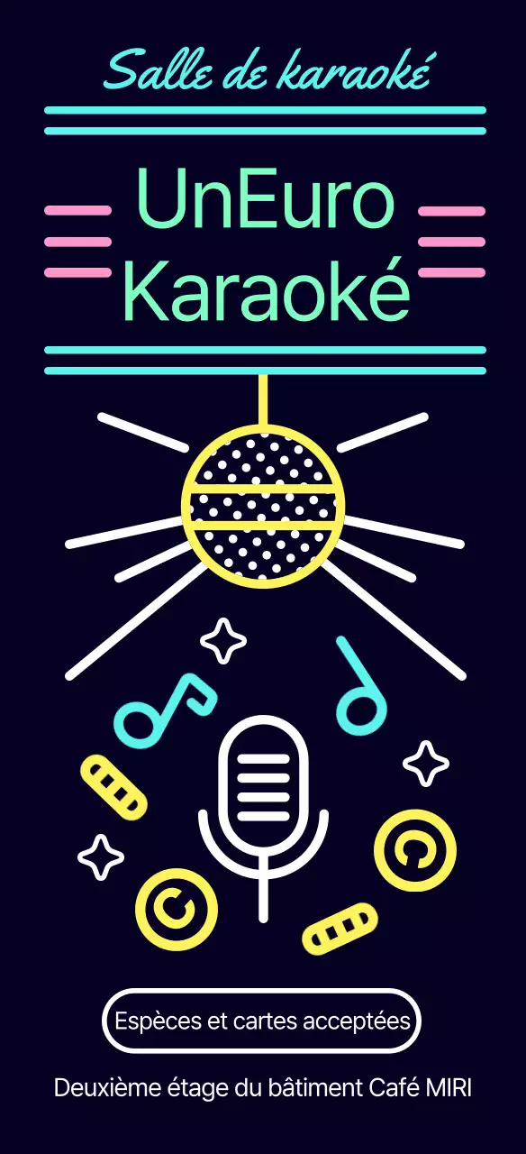 Guide karaoké noir, kitsch, avec enseigne en néon, fonctionnant avec des pièces de monnaie