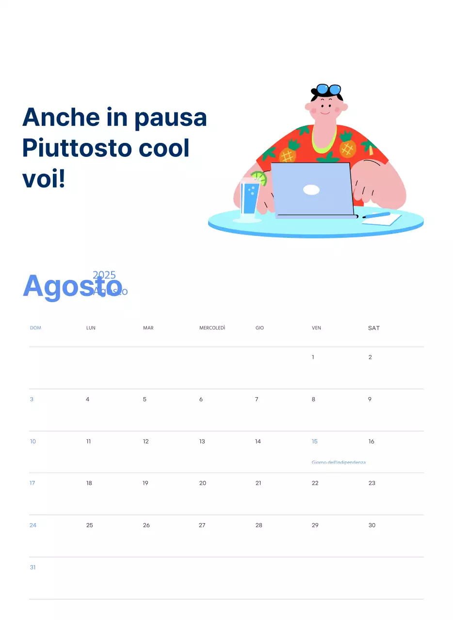 Calendario motivazionale con illustrazioni energetiche e citazioni positive su sfondo azzurro