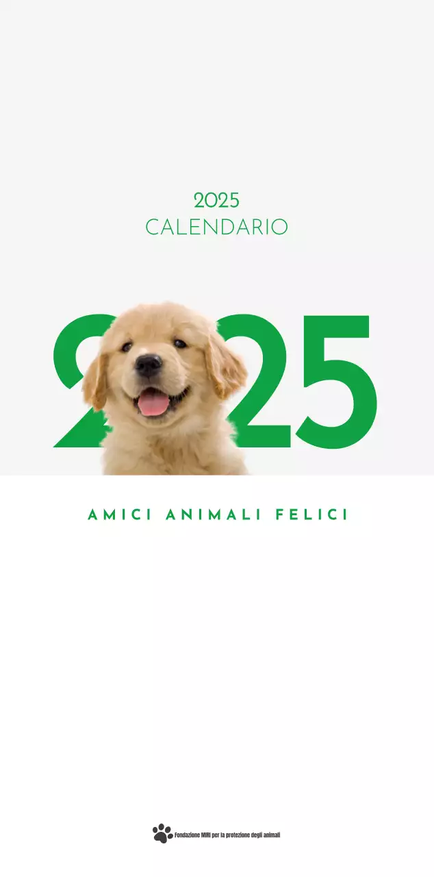 Un calendario con la foto di un cucciolo e un simpatico messaggio in colore verde.