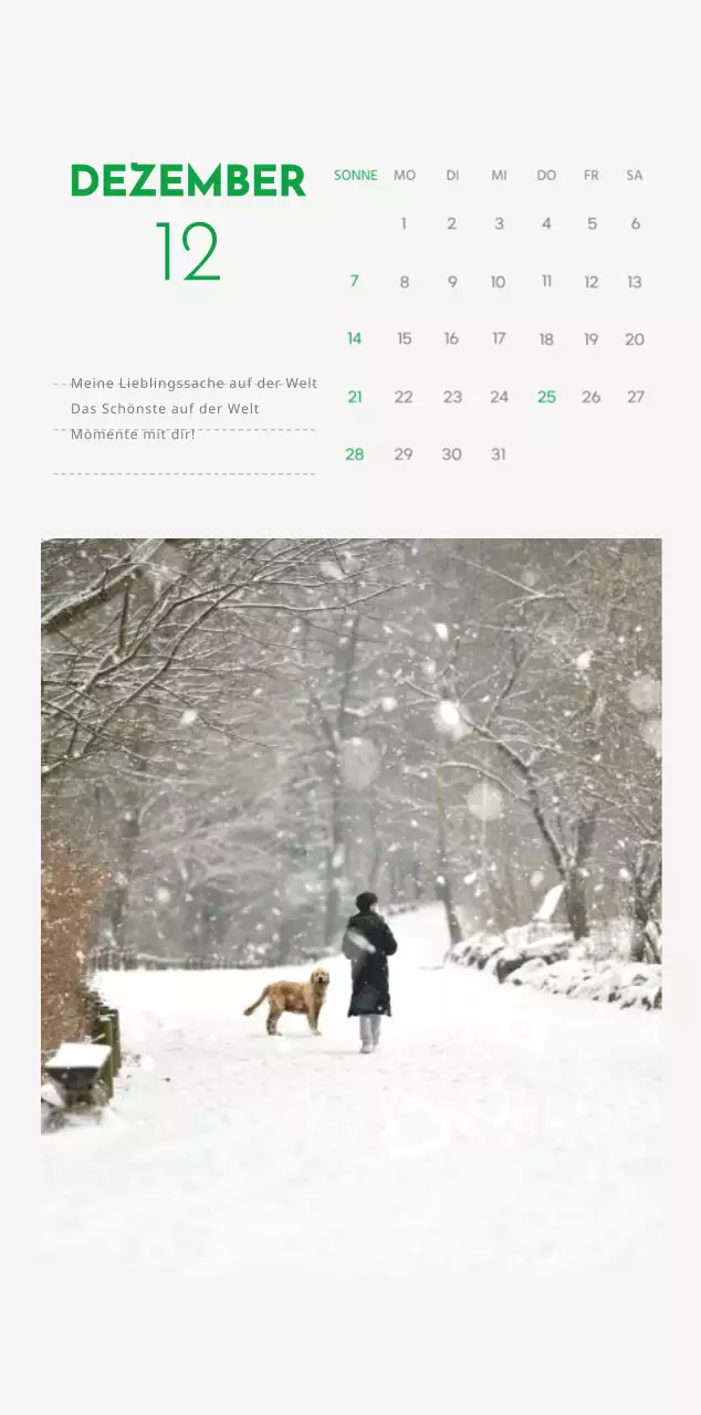 Ein Kalender mit einem Welpenfoto und einer süßen Botschaft in grüner Akzentfarbe