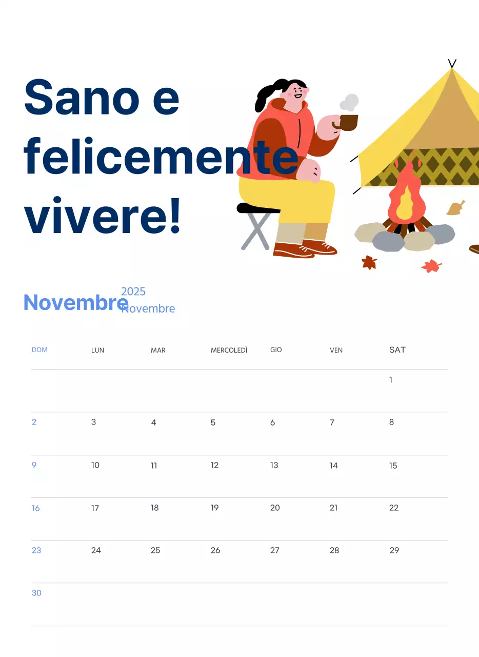 Calendario motivazionale con illustrazioni energetiche e citazioni positive su sfondo azzurro