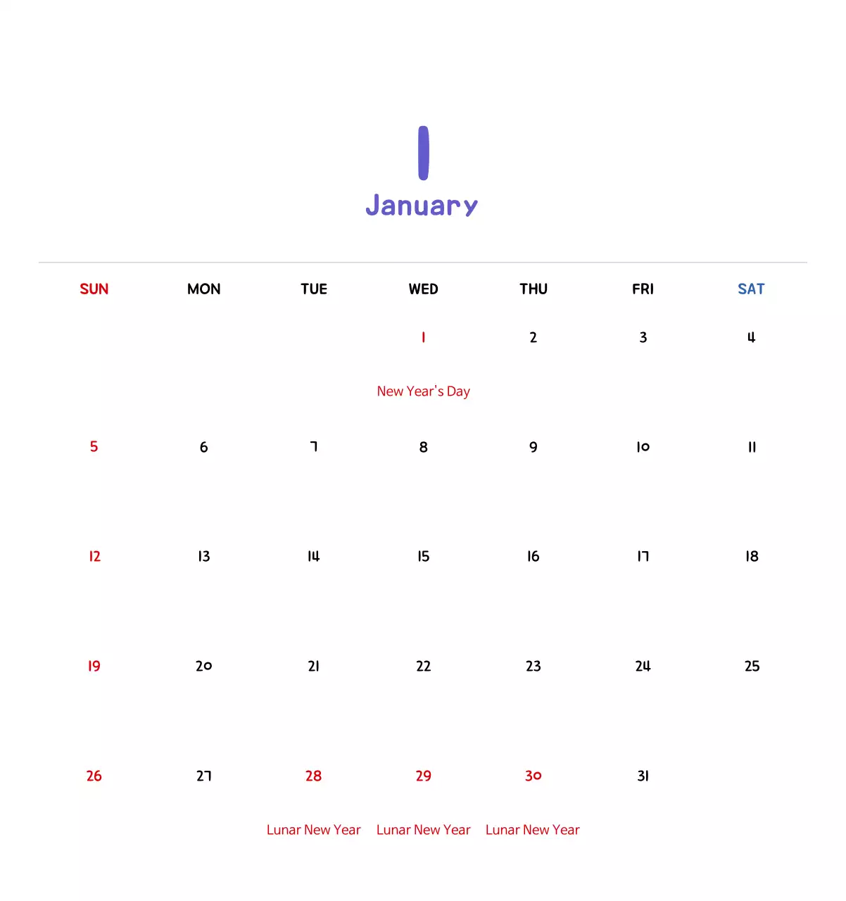 New Year's calendar with cute illustrations