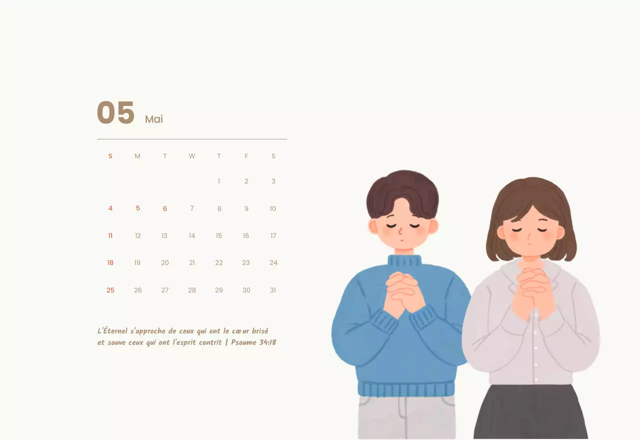 Un calendrier dévotionnel avec des illustrations douces et des versets bibliques sur un fond bleu clair.