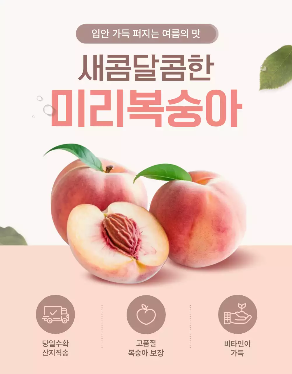 노랑과 핑크색의 깔끔한 상큼한 복숭아 판매 홍보