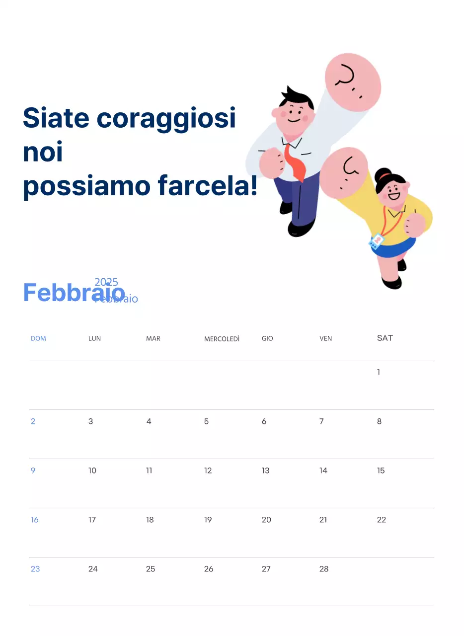 Calendario motivazionale con illustrazioni energetiche e citazioni positive su sfondo azzurro