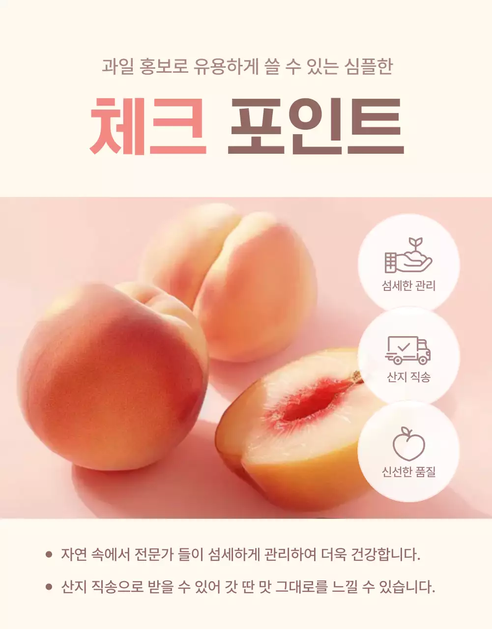 노랑과 핑크색의 깔끔한 상큼한 복숭아 체크포인트 판매 홍보