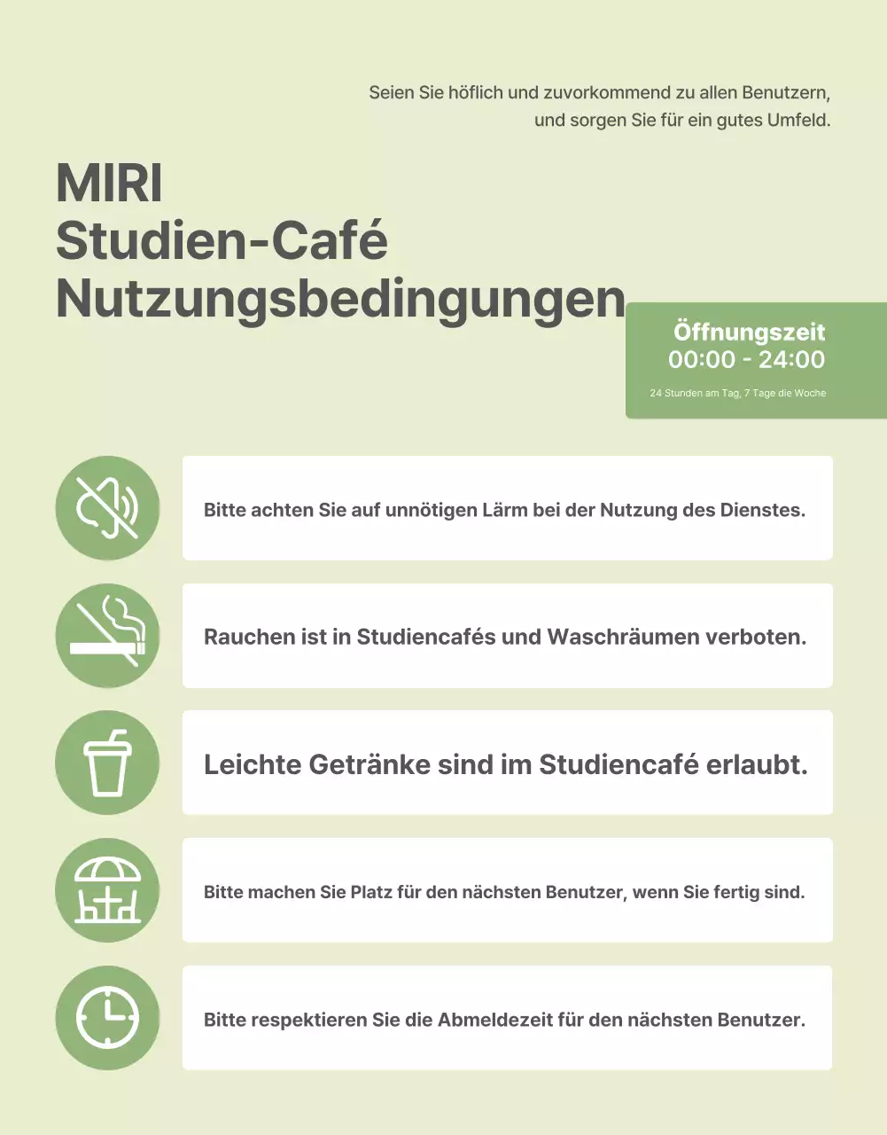 Ein Leitfaden für die Nutzung des modernen Lerncafés in Grün und Lindgrün