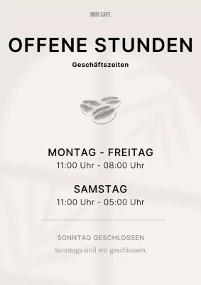 Schlichtes Café in Beige und Schwarz mit Schließzeitangabe