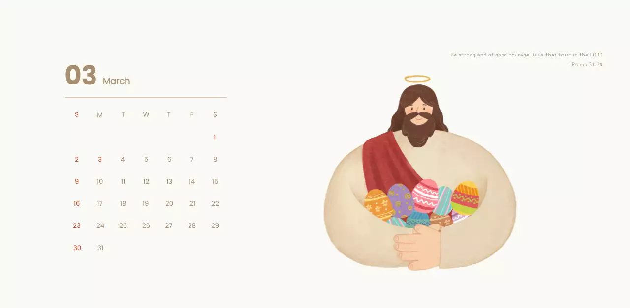 Word calendar with cozy illustrations and Bible verses on a light blue background