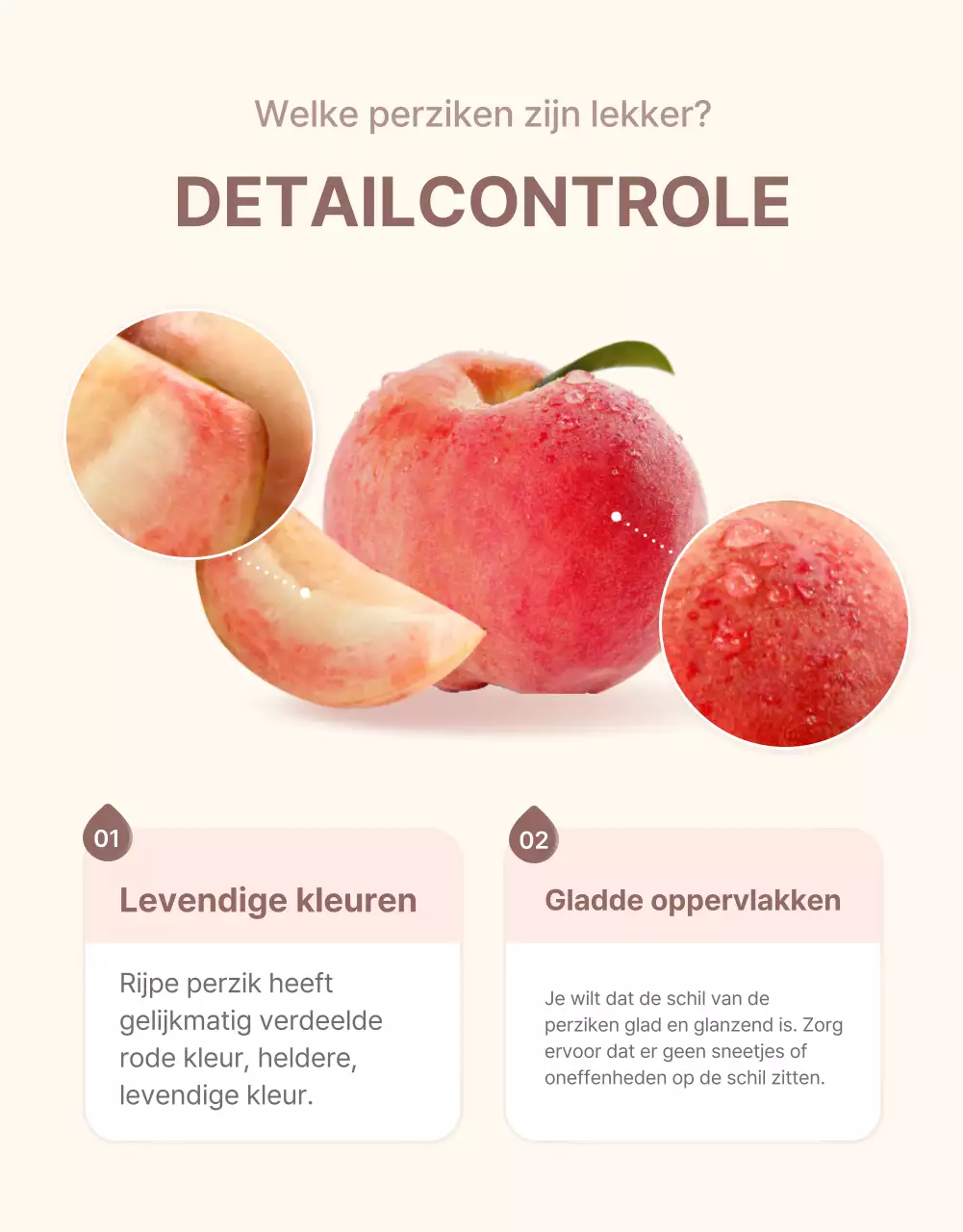 Promoot frisse perzikopties en productdetails in een strak geel en roze kleurenschema