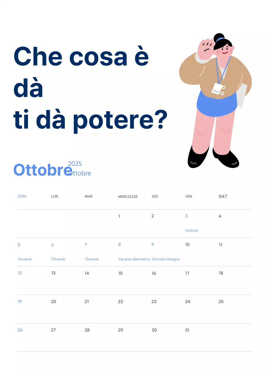 Calendario motivazionale con illustrazioni energetiche e citazioni positive su sfondo azzurro